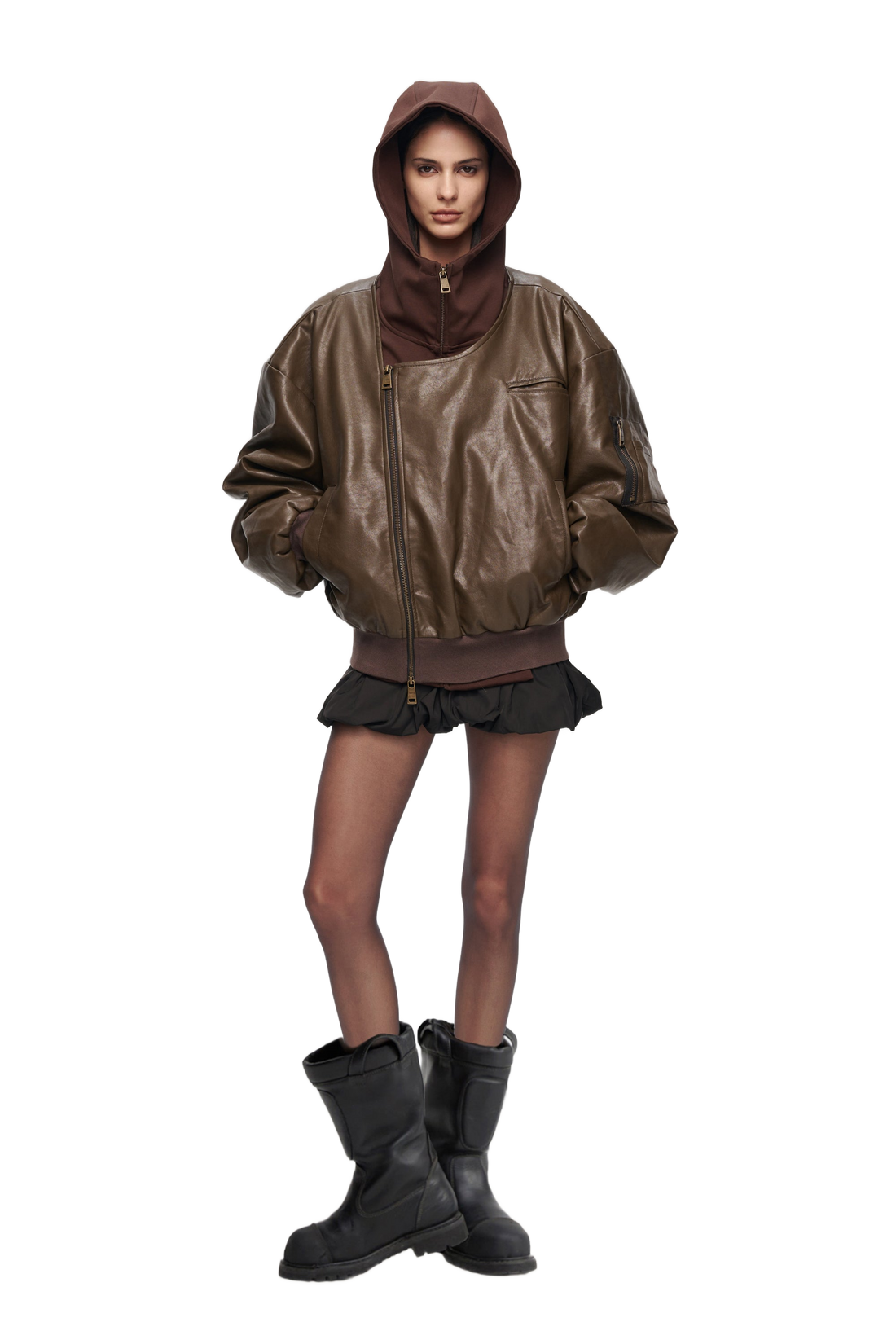 Oversized Leather Bomber Jacket in Brown