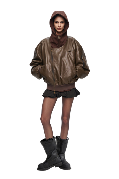 Oversized Leather Bomber Jacket in Brown