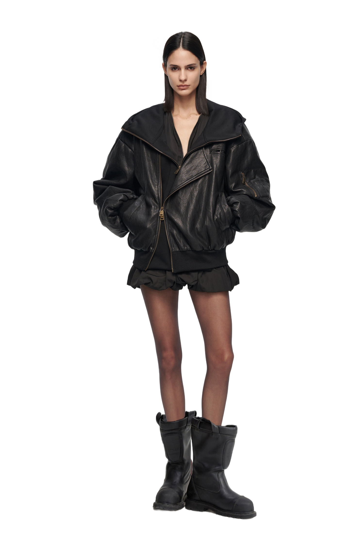 Oversized Leather Bomber Jacket in Black