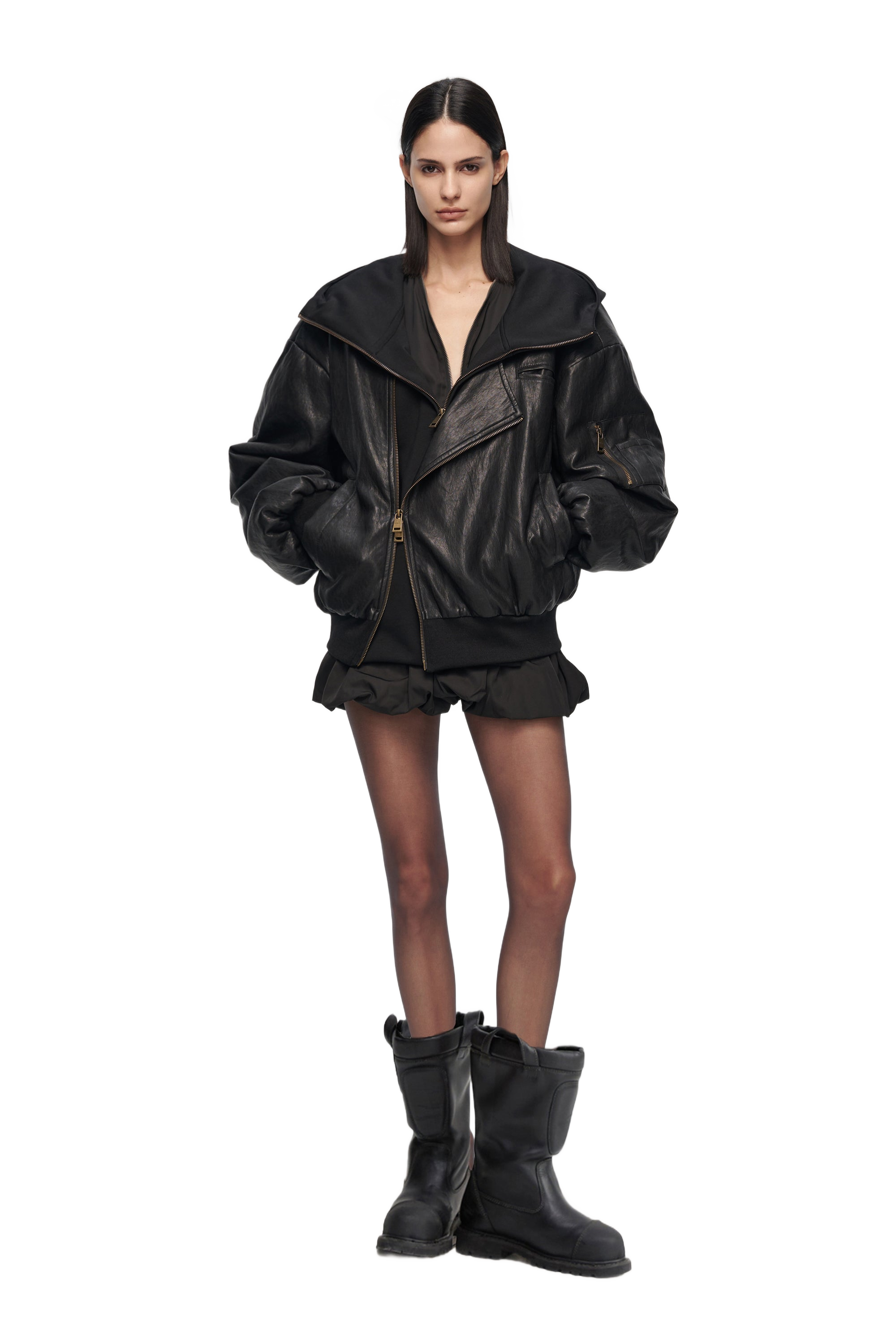 Oversized Leather Bomber Jacket in Black