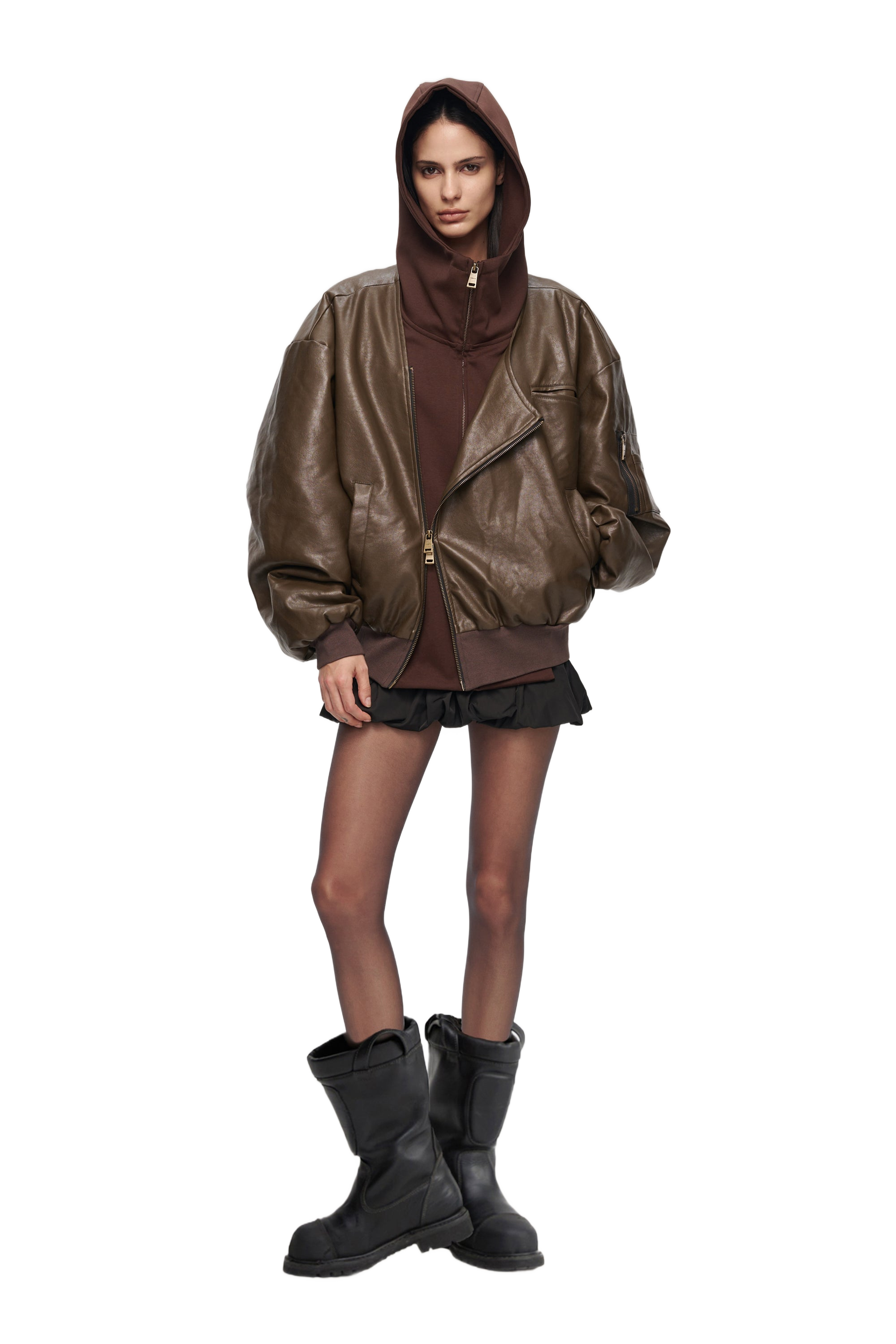 Oversized Leather Bomber Jacket in Brown