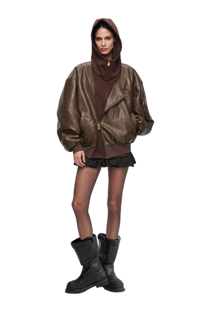 Oversized Leather Bomber Jacket in Brown