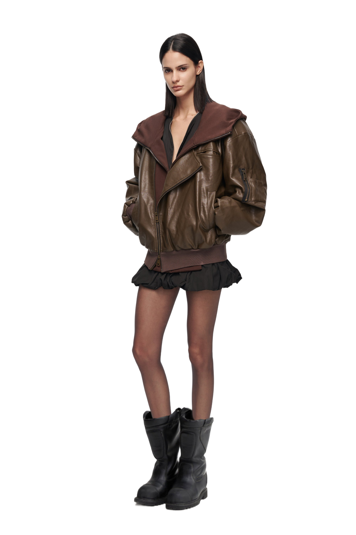 Oversized Leather Bomber Jacket in Brown