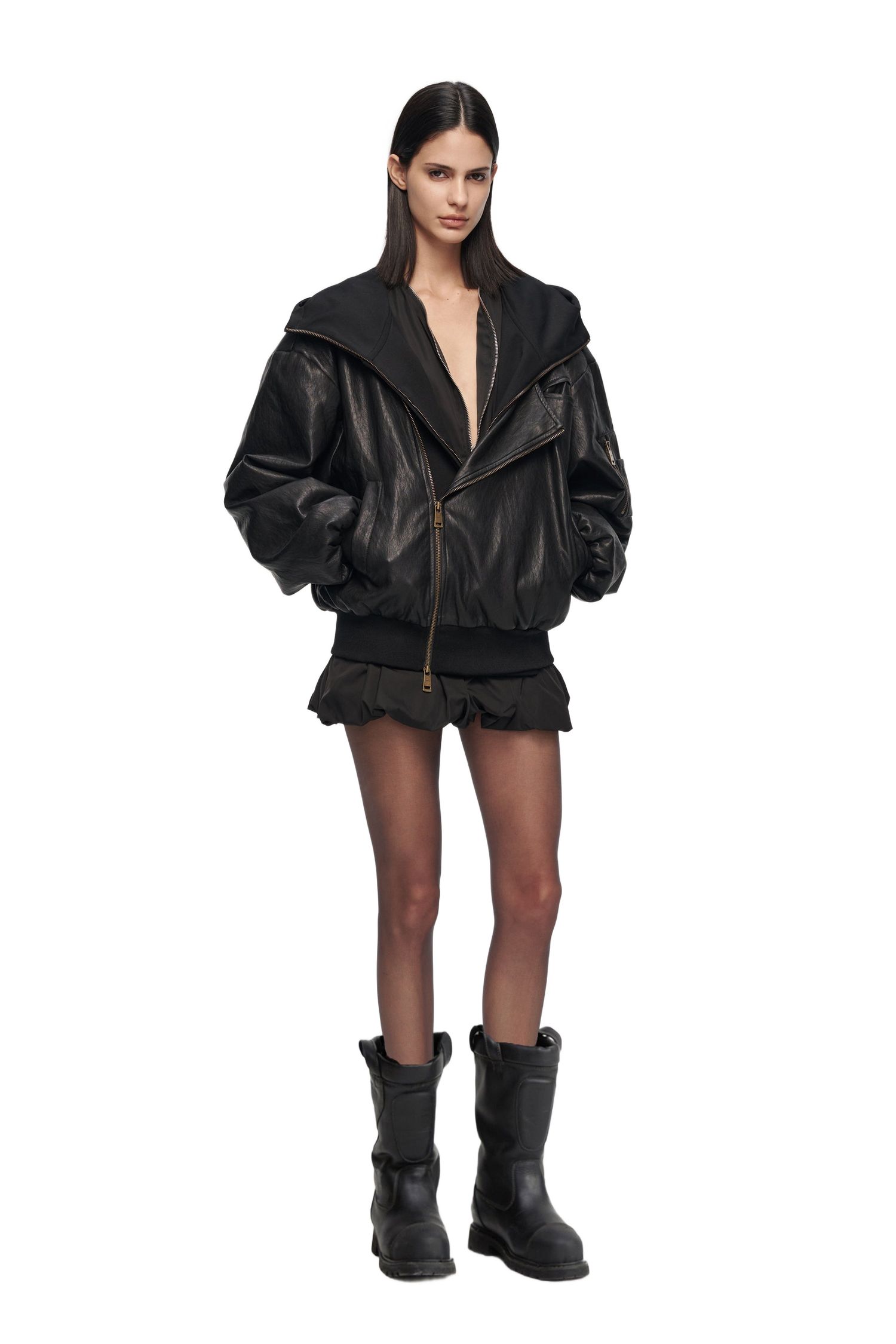 Oversized Leather Bomber Jacket in Black