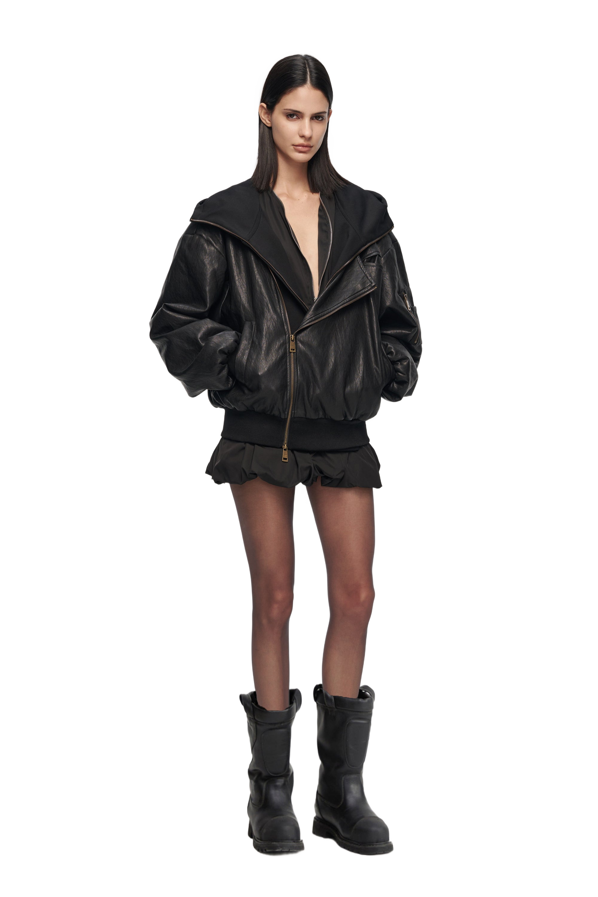 Oversized Leather Bomber Jacket in Black