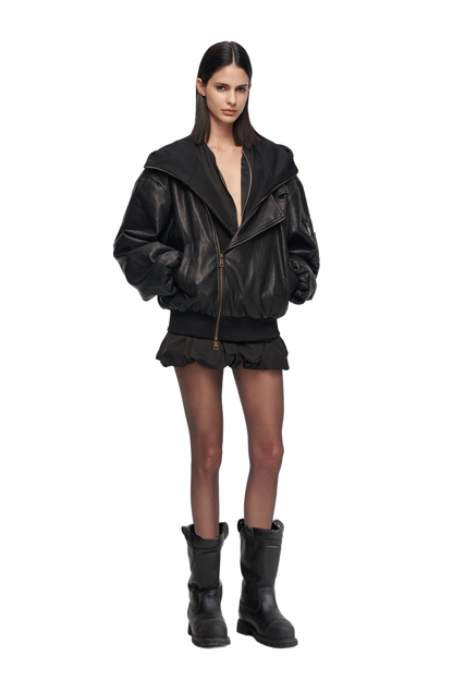 Oversized Leather Bomber Jacket in Black