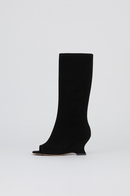 Suede Textured Open-Toe Wedge Boots