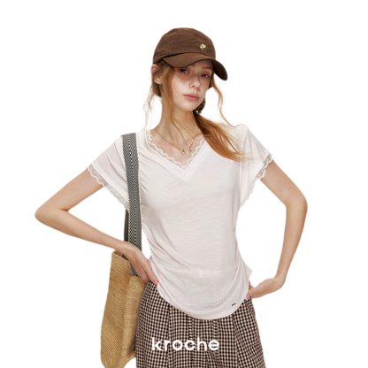 Tencel Lace Trim Loose Short Sleeve T-Shirt