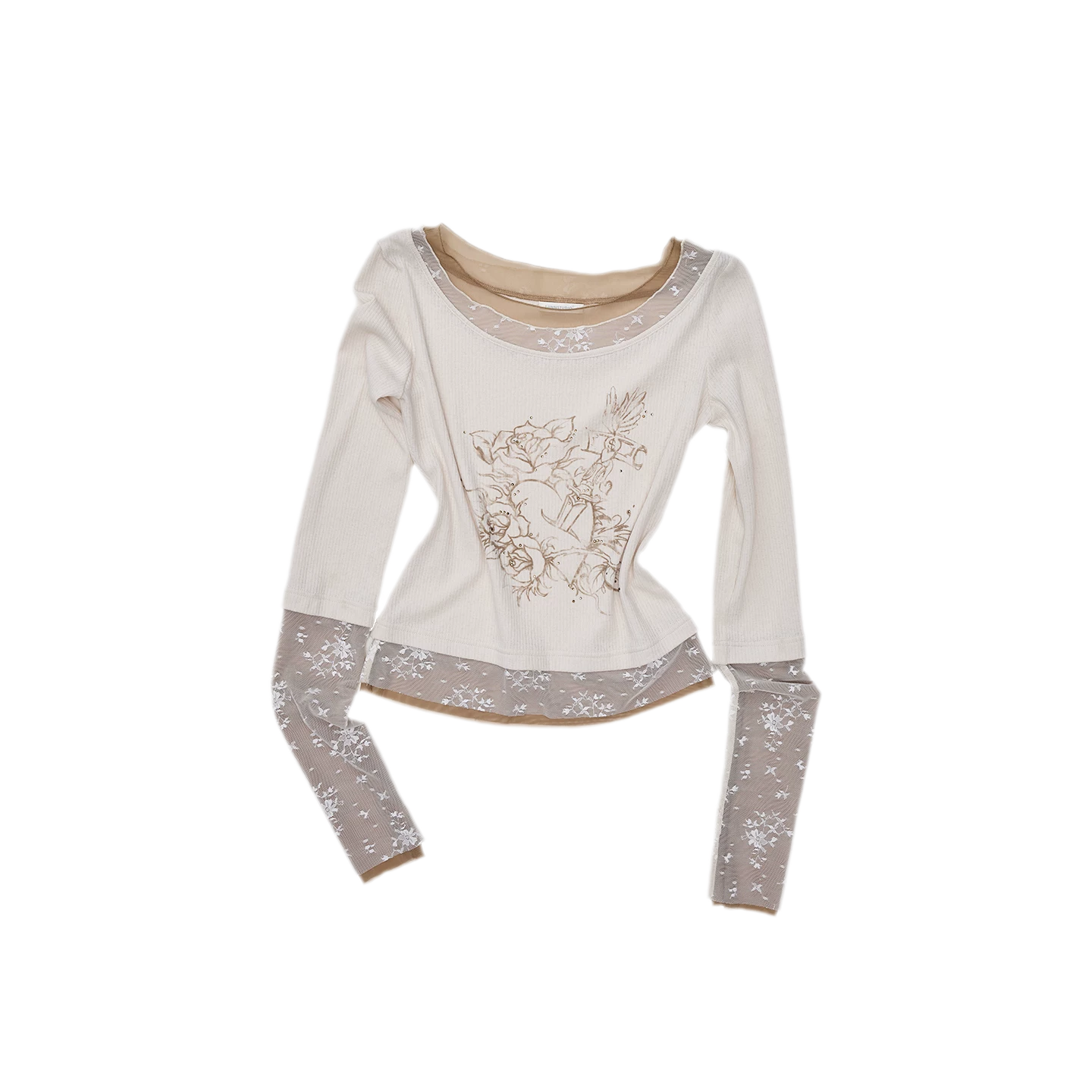 Vintage Lace Contrast Long-Sleeve Top