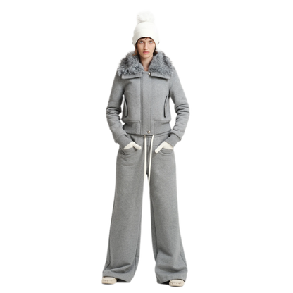Conjunto de sudadera corta con cuello de pelo sintético