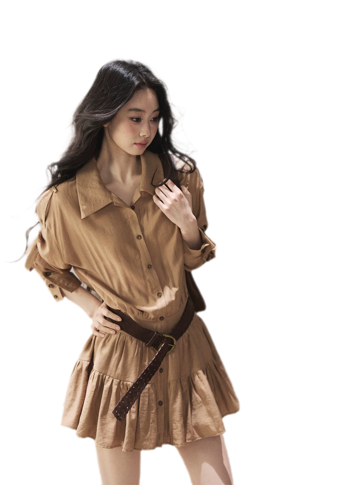 High-Waist Ruffle Shirt Dress
