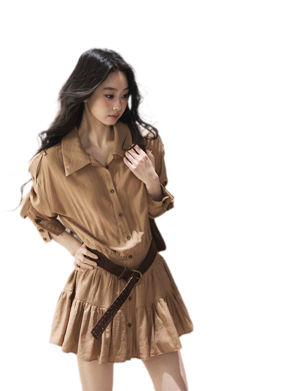 High-Waist Ruffle Shirt Dress