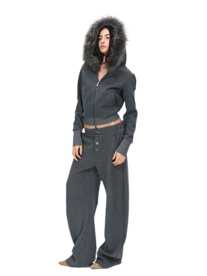 Detachable Fur Collar Fleece Hoodie &amp; Relaxed Pants