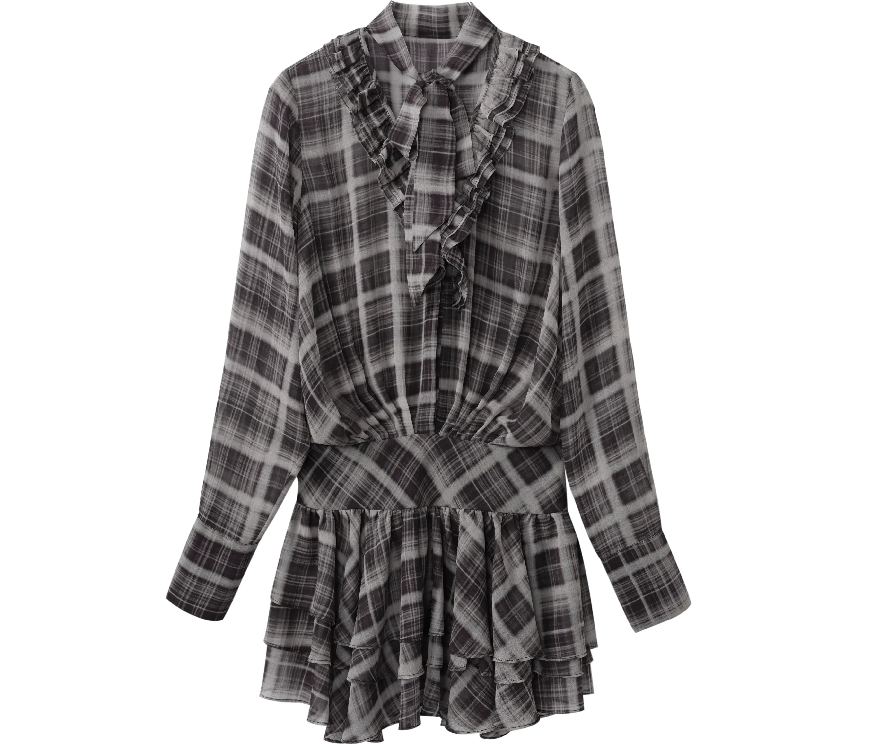 Plaid Chiffon V-Neck Dress