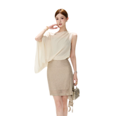 CYNR Sheer Drape Off-Shoulder Dress – Light Apricot Moss
