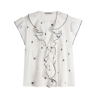 Cotton-Feel Embroidered Ruffle Sleeve Blouse