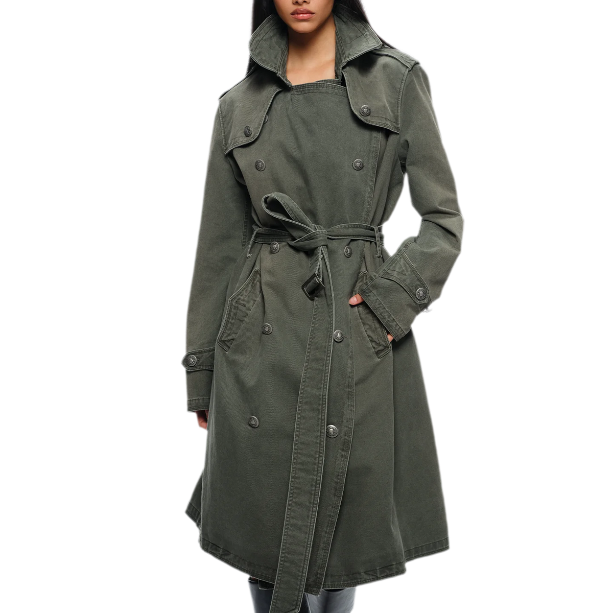 Washed Military Green Trench Coat