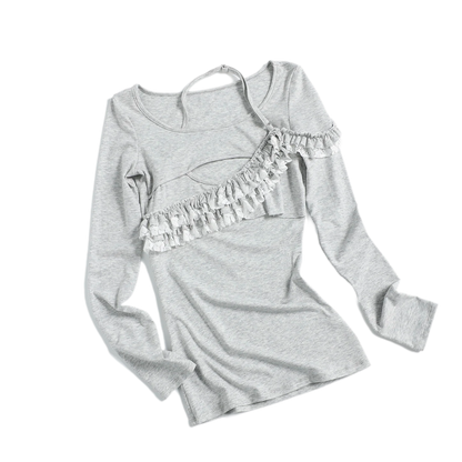 Lace Ruffle Fitted Long-Sleeve Top