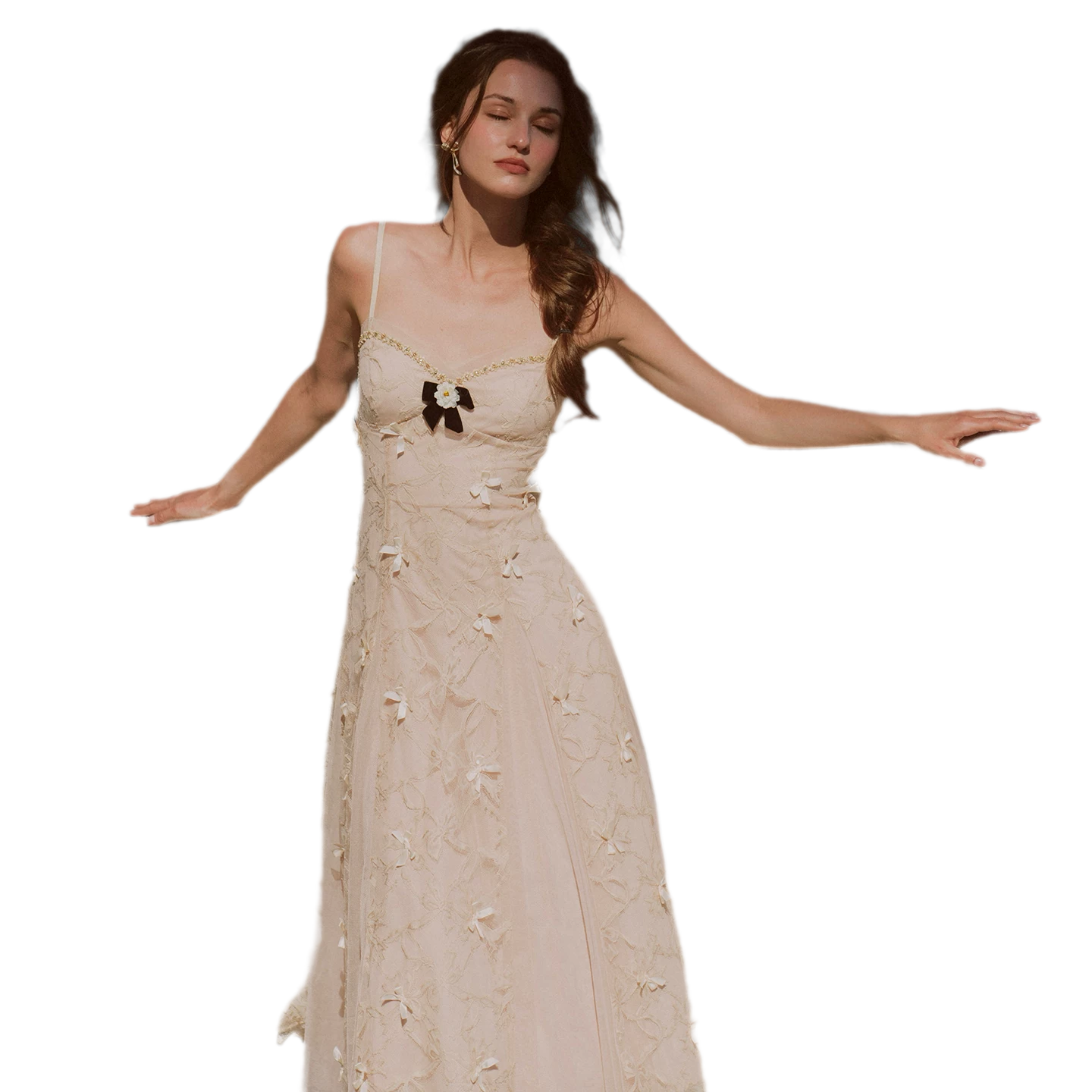 Embroidered Bow Mesh Dress