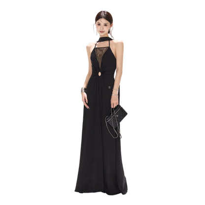 Mesh Lace Deep V Halter Dress with Satin
