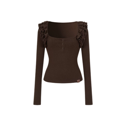 Ribbed Ruffle Square Neck Top