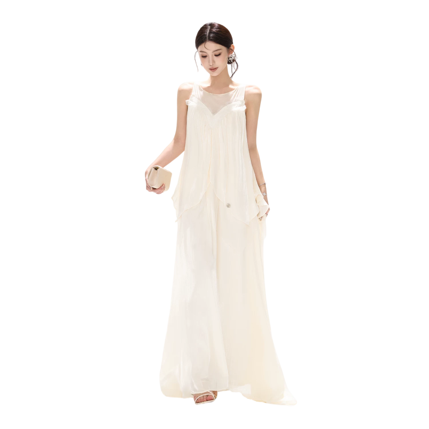 Sleeveless Mesh Spliced Ruffle Long Dress