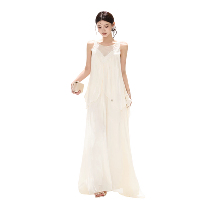 Sleeveless Mesh Spliced Ruffle Long Dress