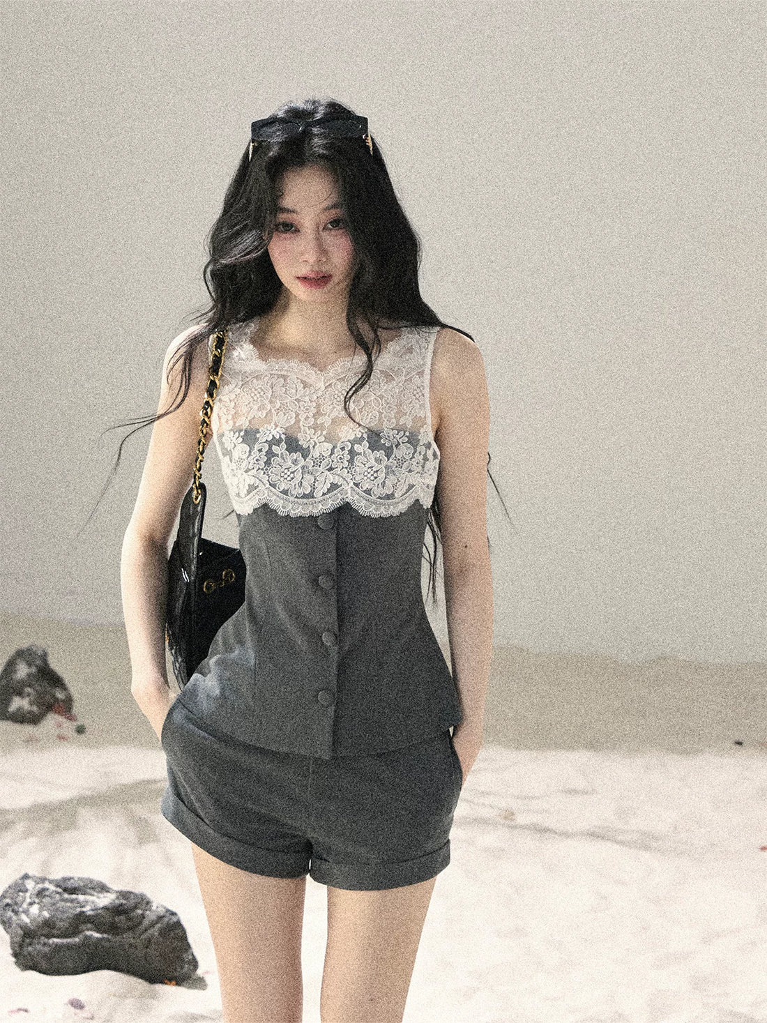 AOMALM Lace Trim Top Shorts Set – Gray (Top) (Pre-order)
