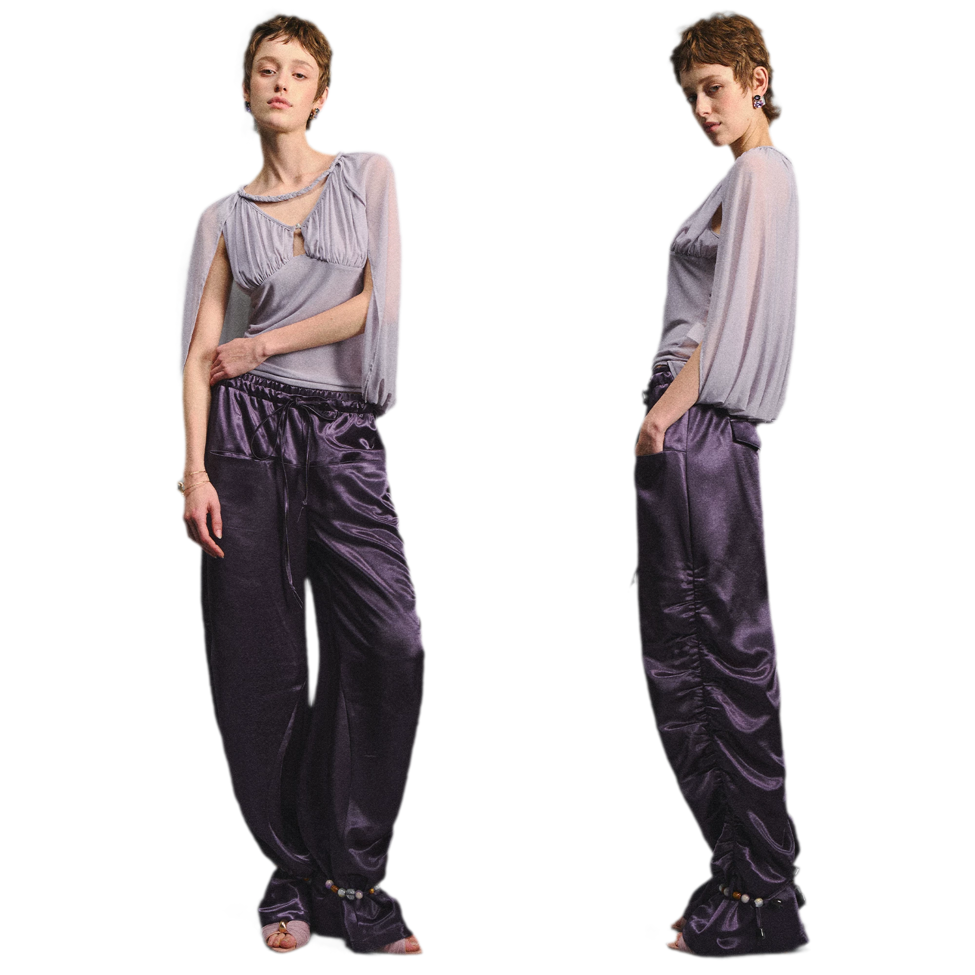 Satin Jogger Pants with Beaded Drawstring