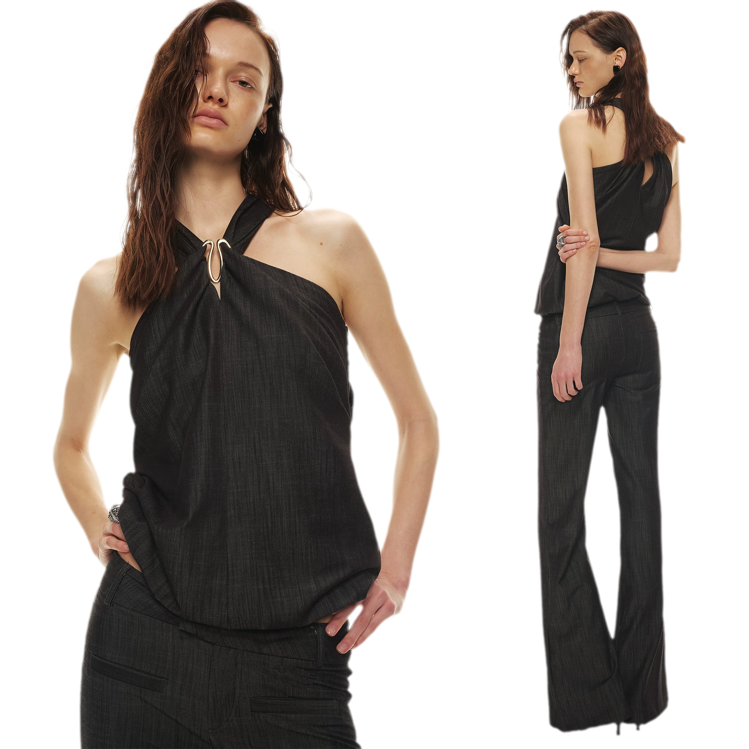 Tencel Hollow Halter Top &amp; Flared Pants Set