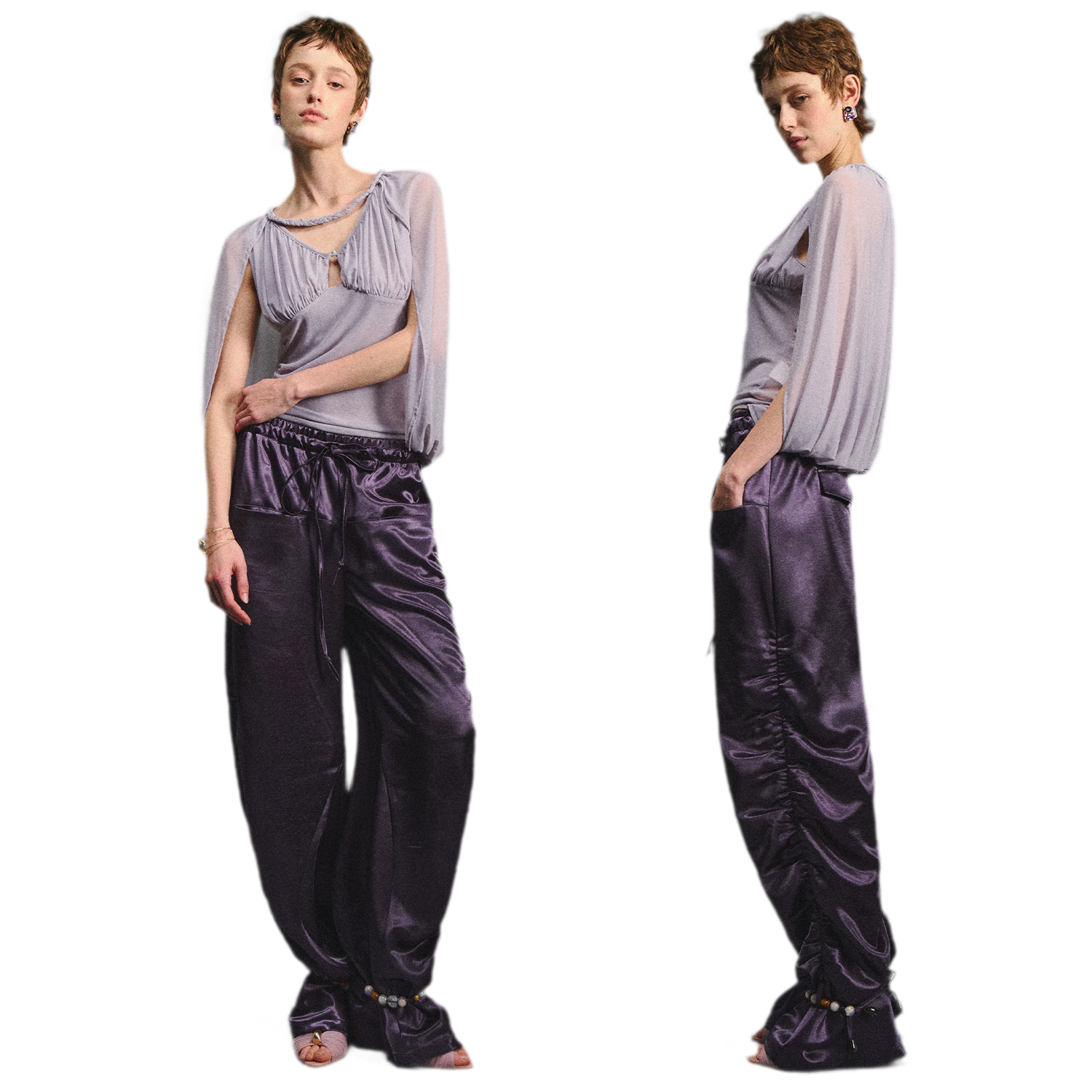 Satin Jogger Pants with Beaded Drawstring