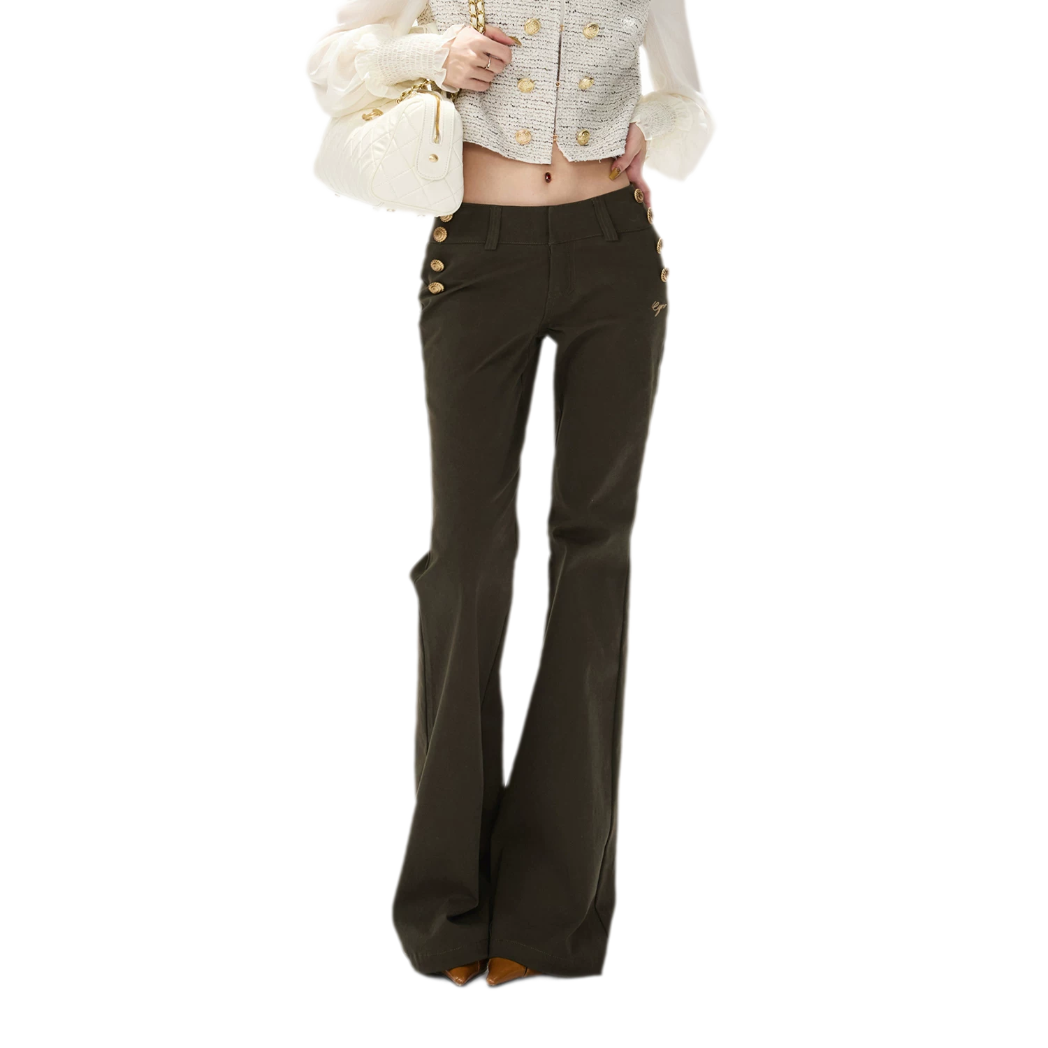 Low-Rise Metal-Button Flare Pants
