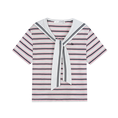Navy Sailor Collar Tie-Striped Short T-shirt