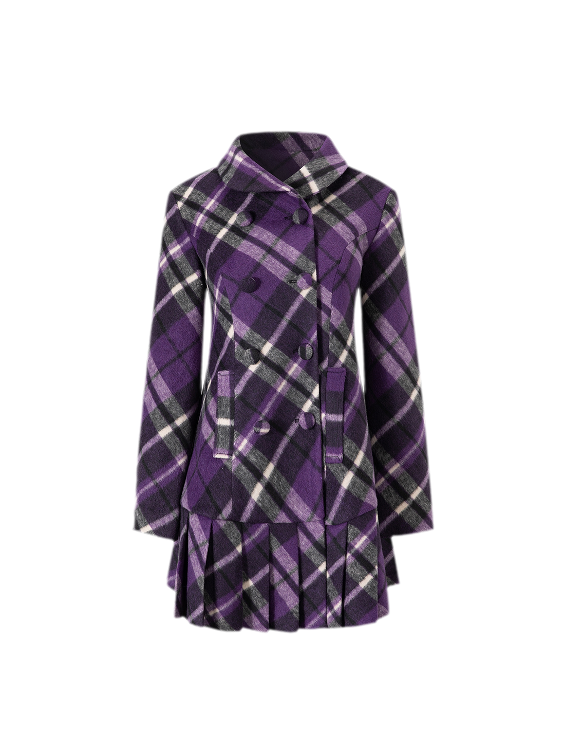 Plaid Pleated A-Line Wool Coat