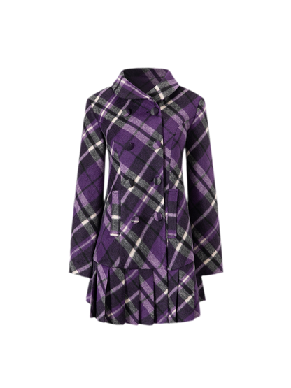 Plaid Pleated A-Line Wool Coat