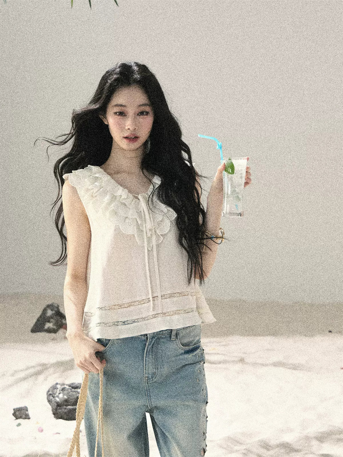 Flowing Moonlight Lace Ruffle Short Blouse