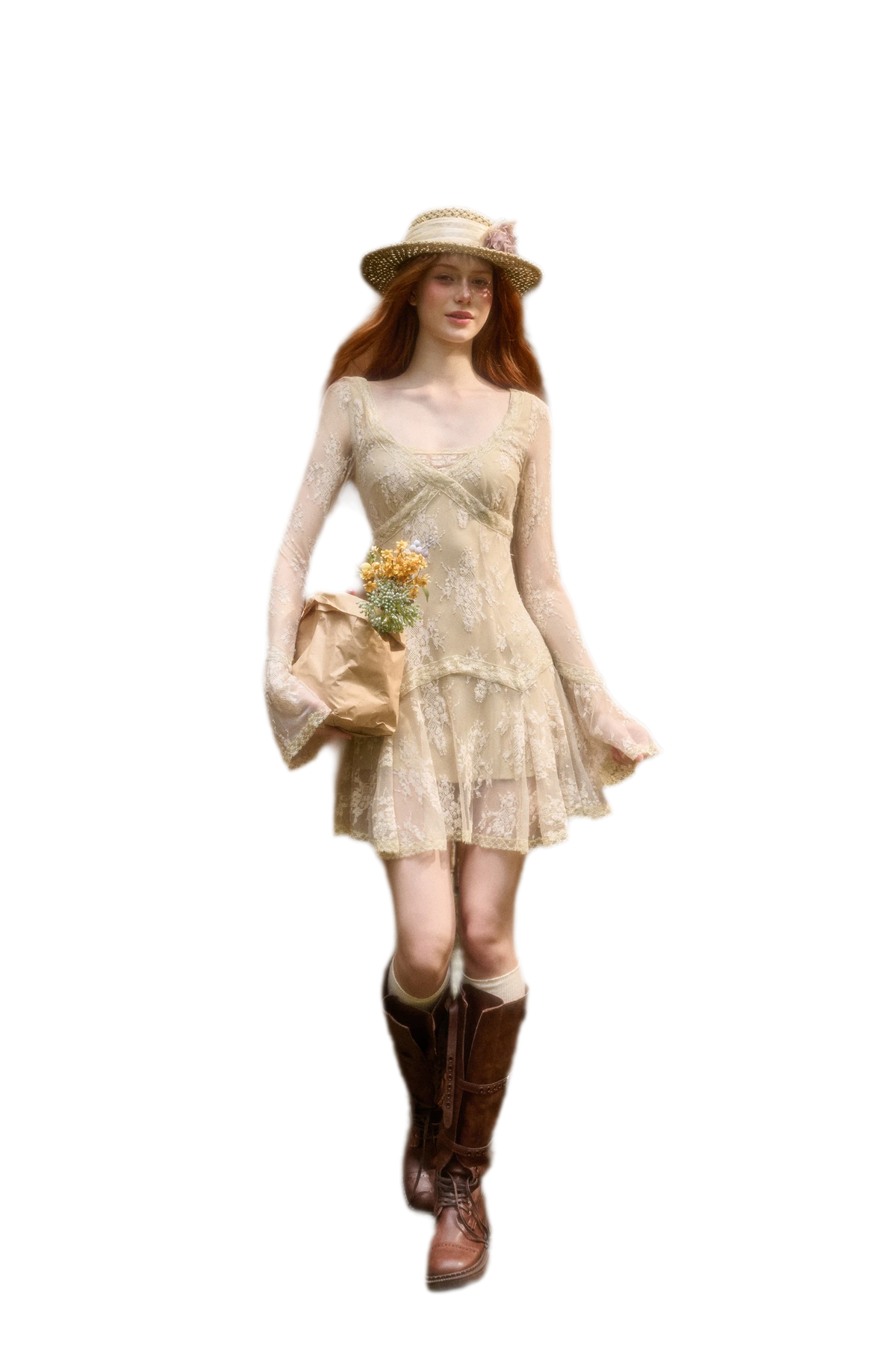 Embossed Lace Cinched Waist Dress