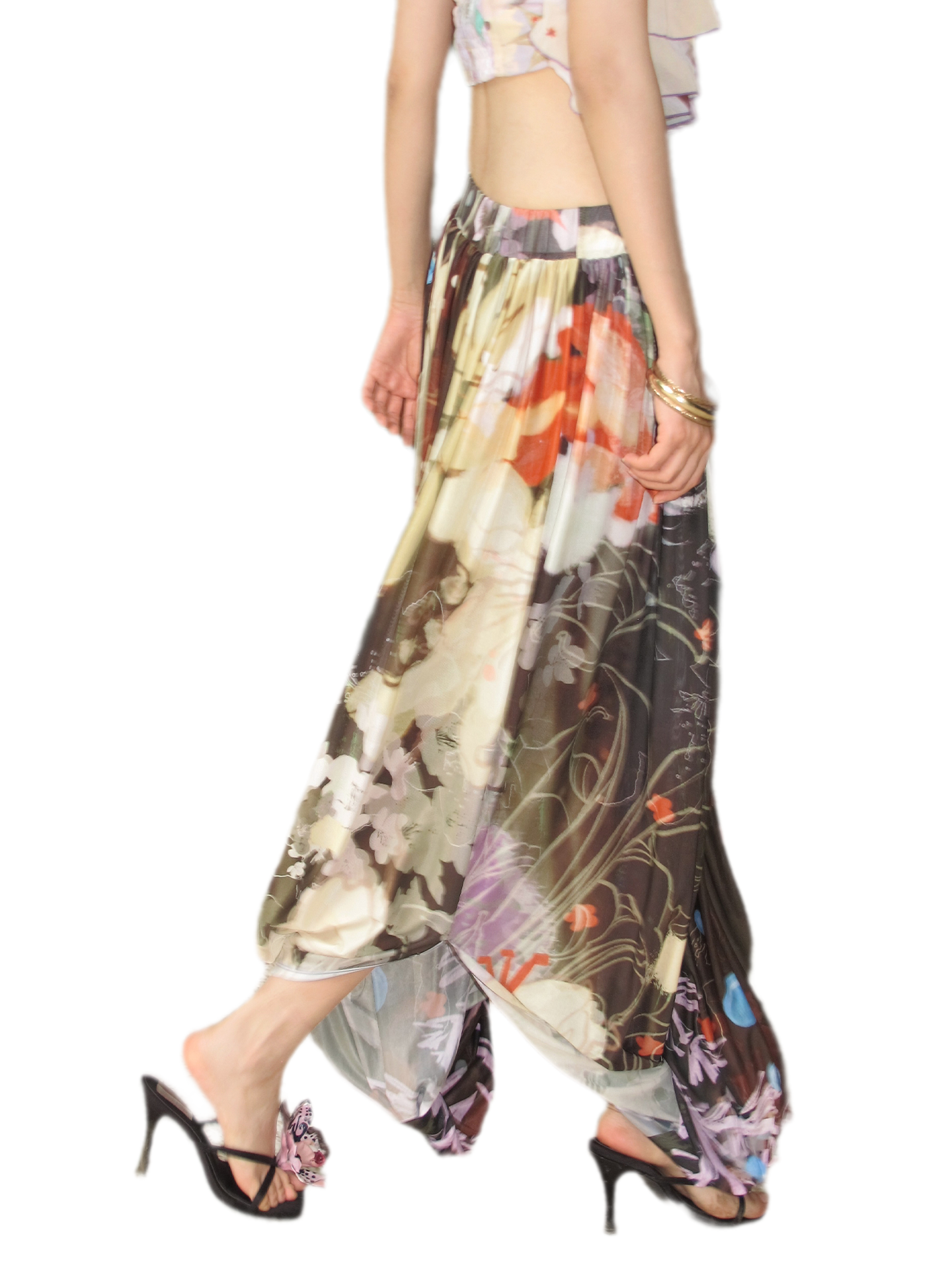Printed Twist Mesh Long Skirt