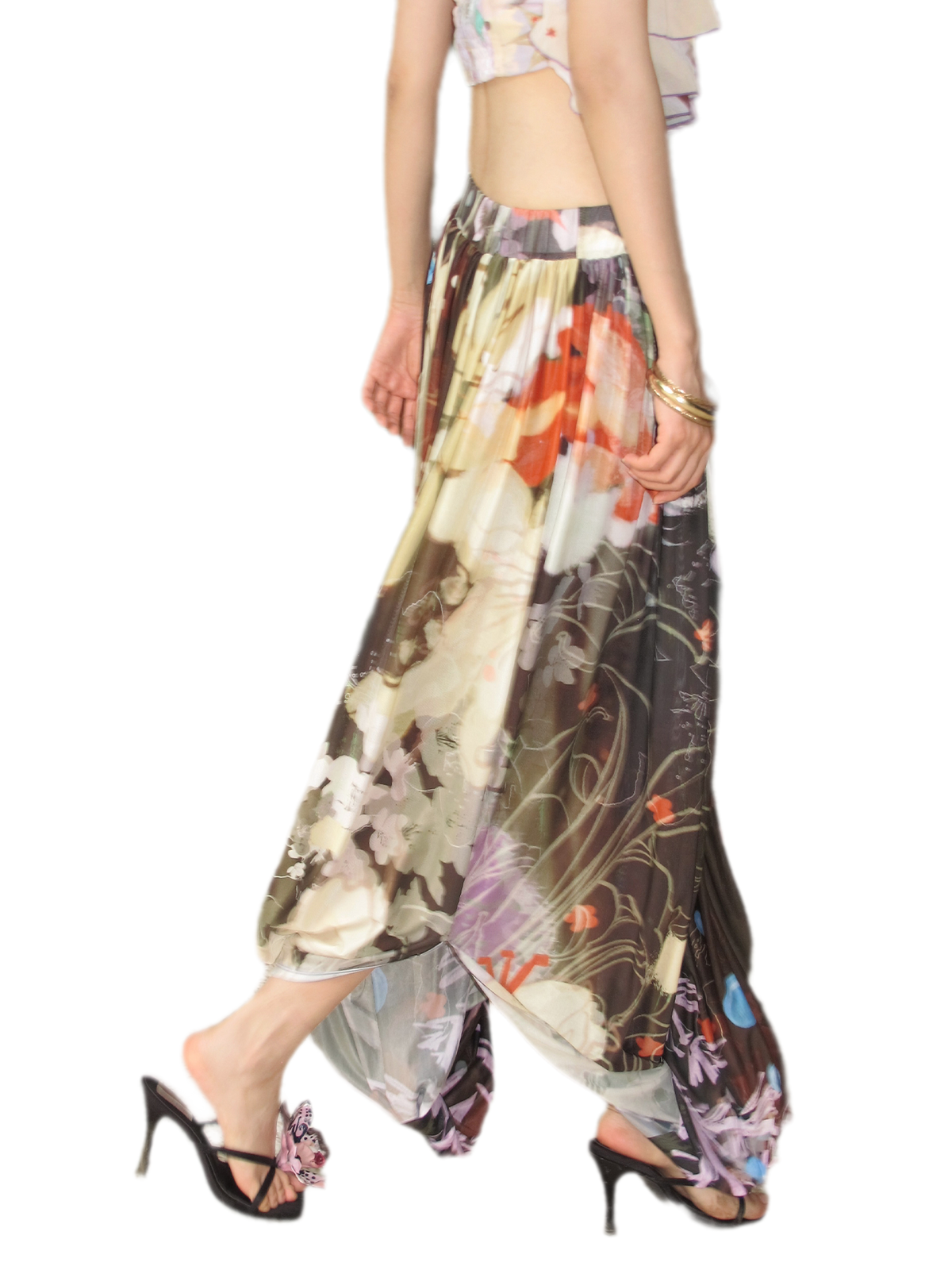 Printed Twist Mesh Long Skirt