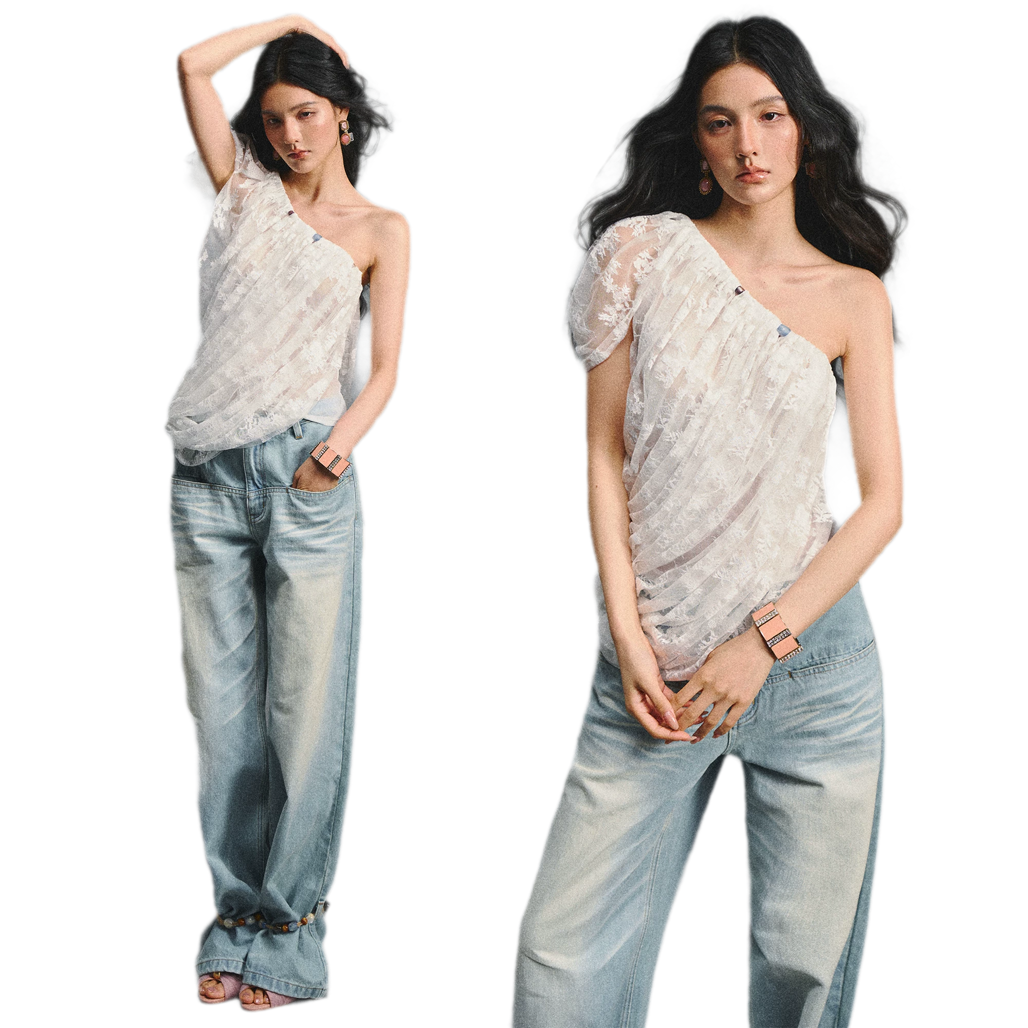 Lace Ruched Asymmetric Top