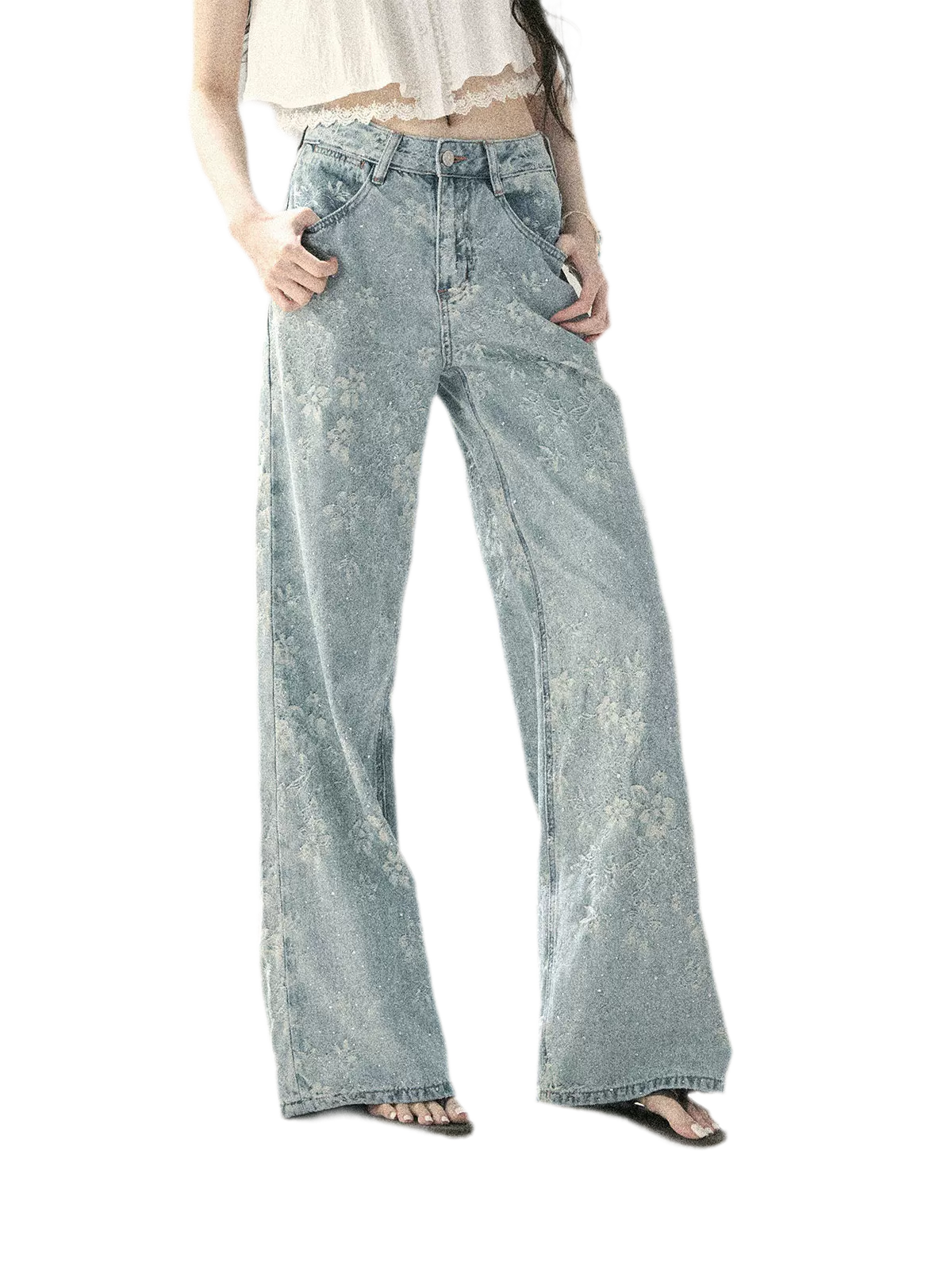 American Style Rhinestone Floral Denim Pants