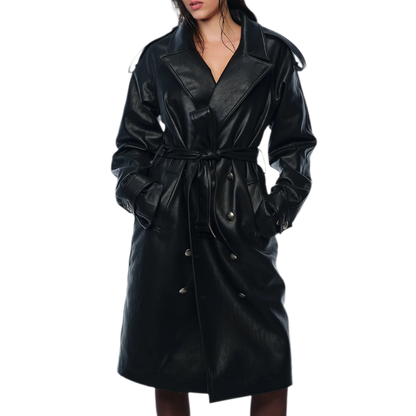 PU Leather Belted Trench Coat