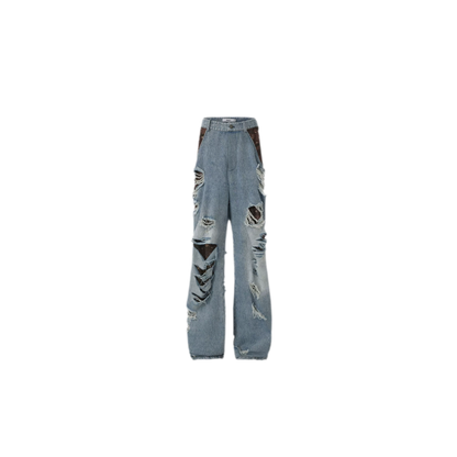 Patchwork Distressed Straight-Leg Jeans