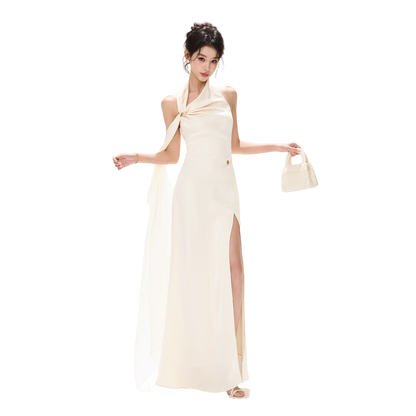 French Style One-Shoulder Backless Halter Long Dress