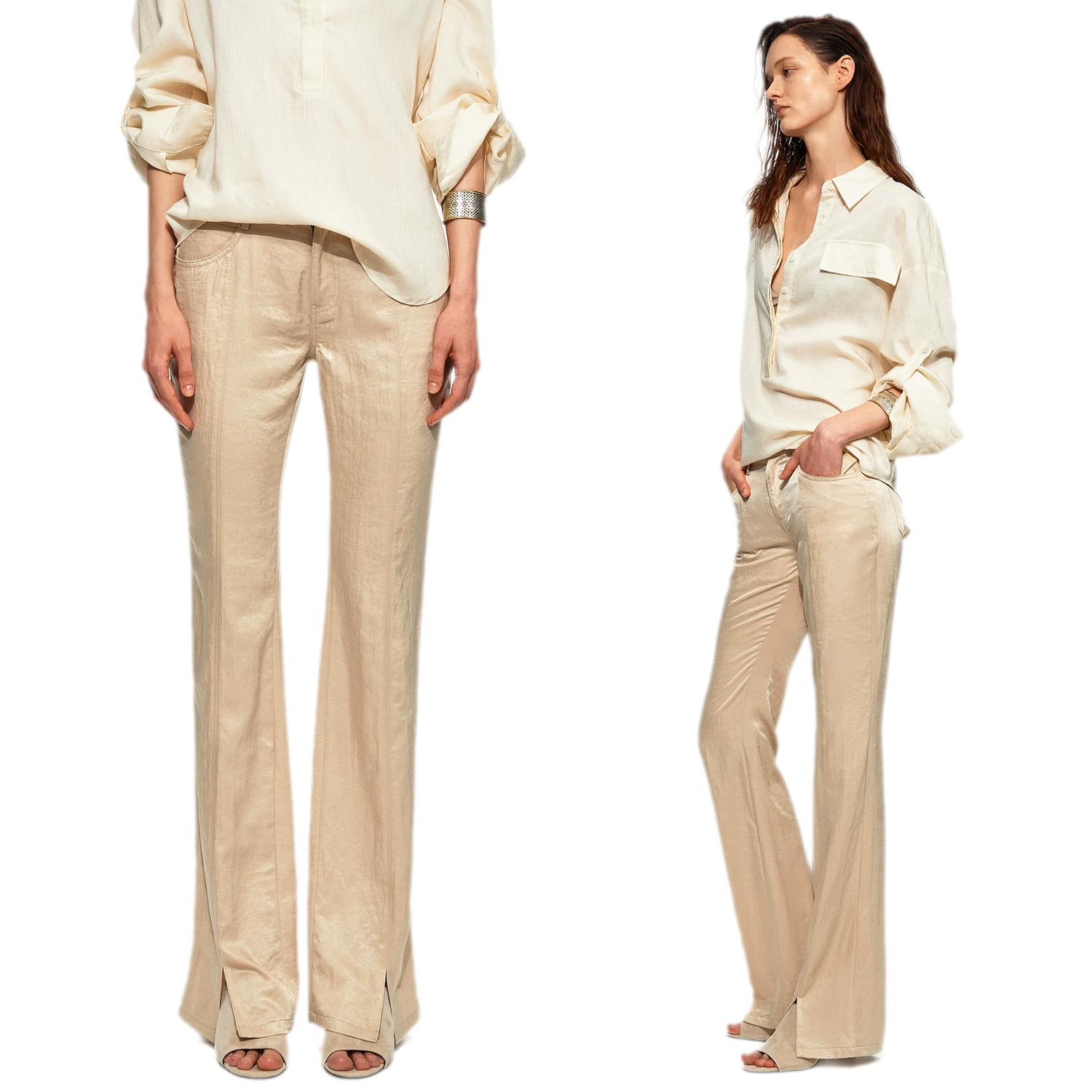 Lustrous Front-Slit Flare Pants