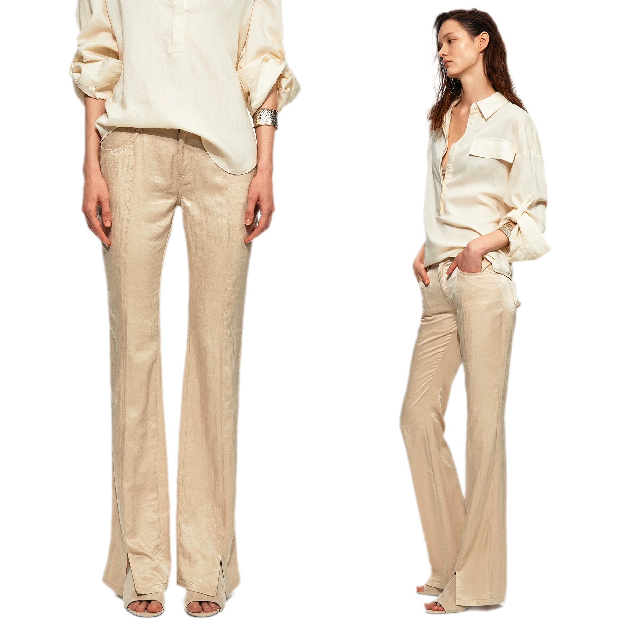 Lustrous Front-Slit Flare Pants