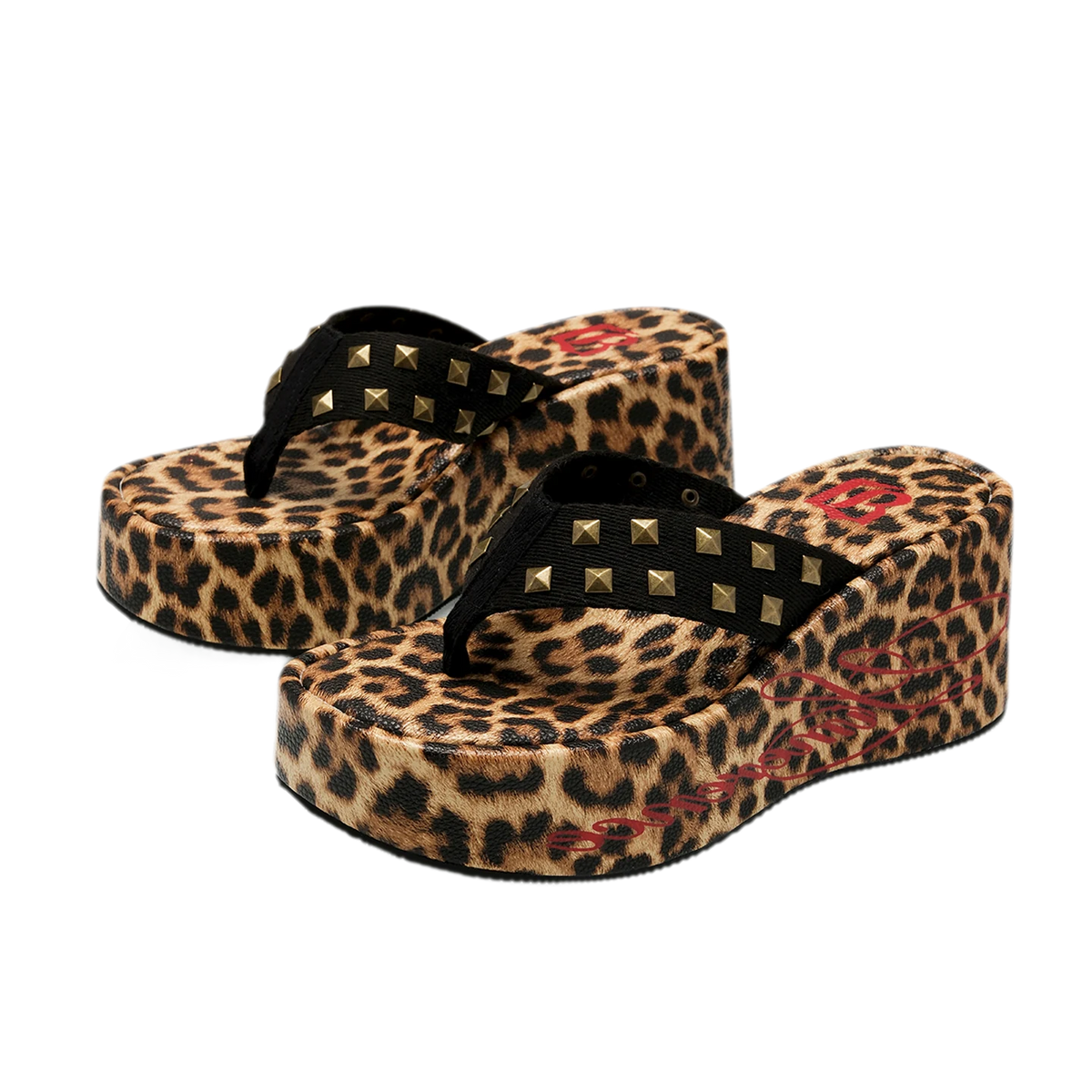 Studded Animal Print Platform Slides