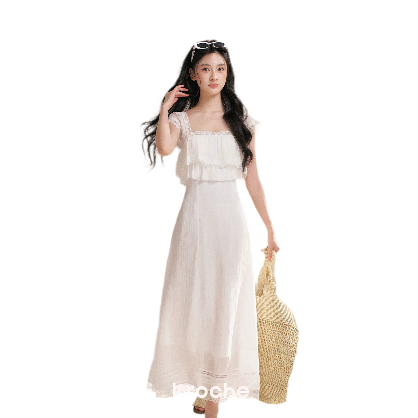 Lace Ruffle Waist Long Dress