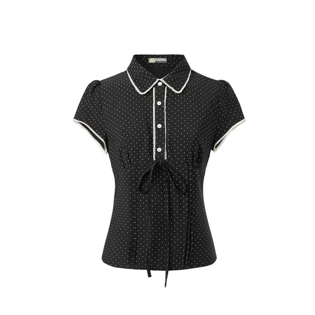 Korean Style Lyocell Waist-Tie Polka Dot Puff Sleeve