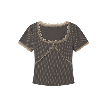 Vintage Polka Dot Lace Square Neck T-shirt